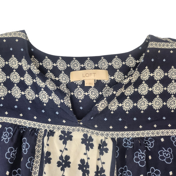 LOFT Shirt Medium Blue White Boho Poet Bell Sleeve Floral Peasant Blouse - Picture 4 of 10